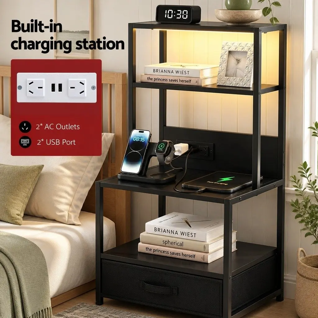 Bedside Table with Charging Station LED Lighting Storage Black