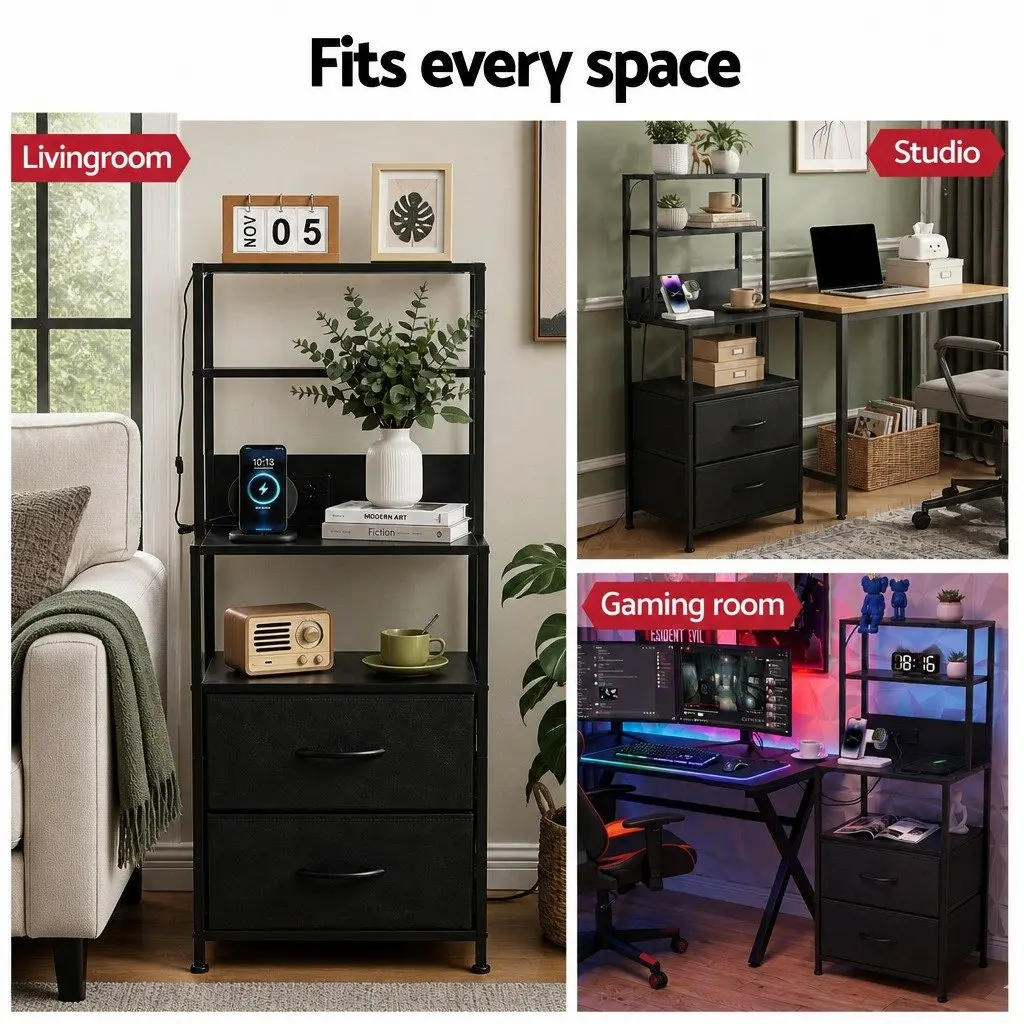 Bedside Table with Charging Station LED Lighting Storage Black