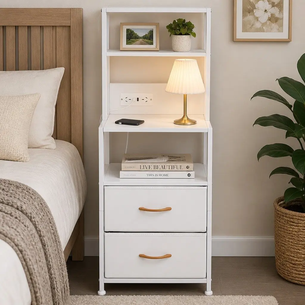 Bedside Table with Charging Station LED Lighting 41cm White