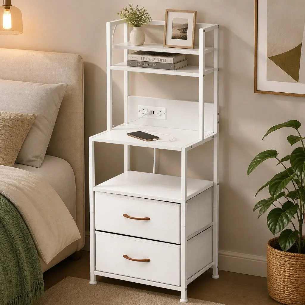 Bedside Table with Charging Station LED Lighting 41cm White