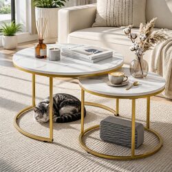 Nesting Coffee Table Set - Round White Faux Marble