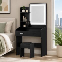 LED Makeup Mirror Vanity Set with Stool in Black