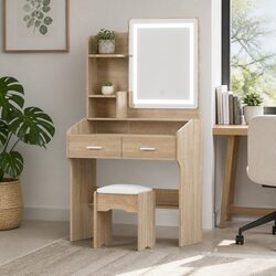 Dressing Table Set in Black Wood with LED Mirror and Stool