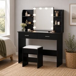 Black Vanity Table Set with LED Mirror and Stool Dimensions