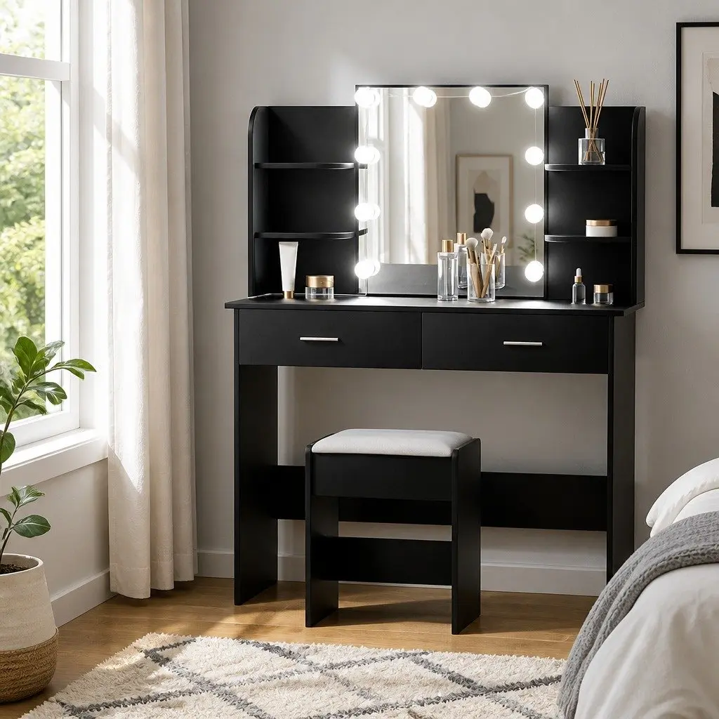 Dressing Table Set with Stool LED Bulbs Hollywood Mirror Black Makeup Vanity