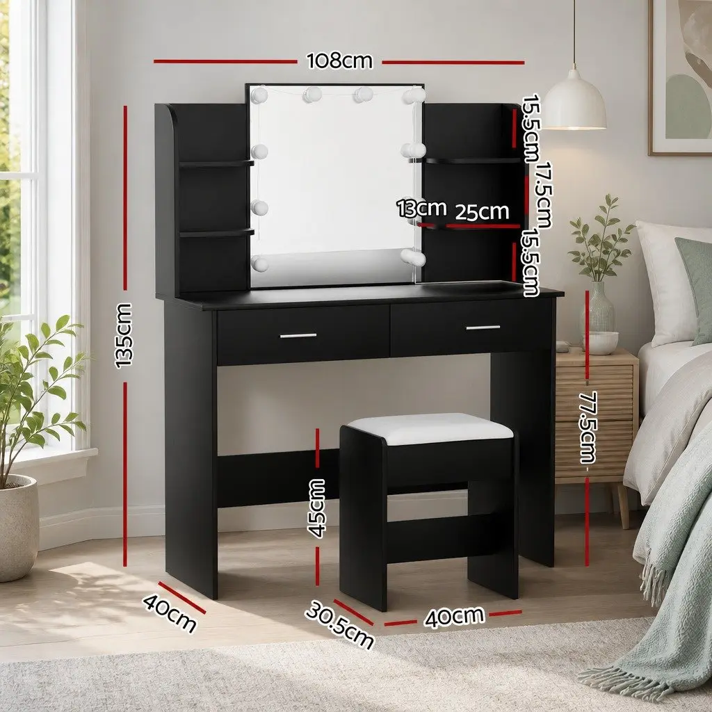 Dressing Table Set with Stool LED Bulbs Hollywood Mirror Black Makeup Vanity