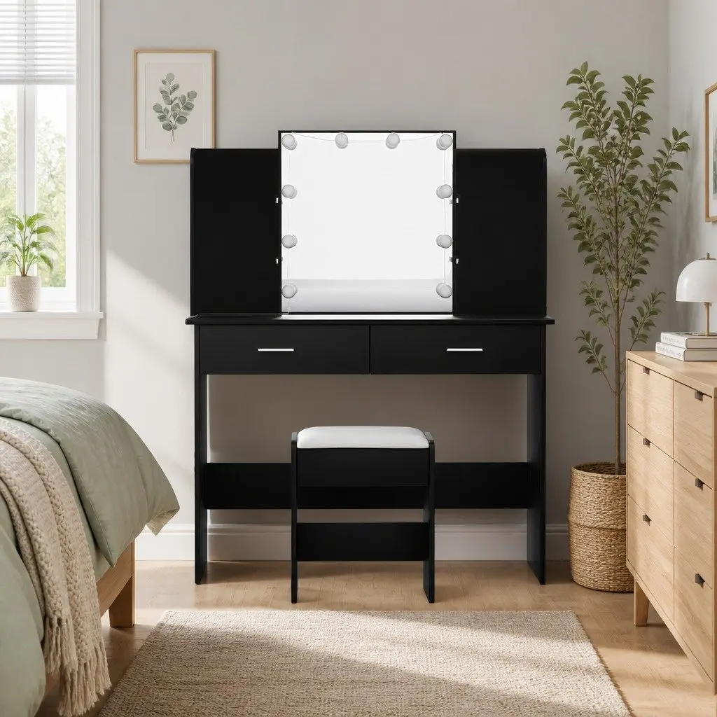 Dressing Table Set with Stool LED Bulbs Hollywood Mirror Black Makeup Vanity