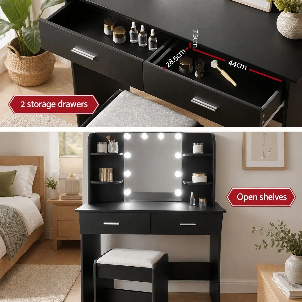 Dressing Table Set with Stool LED Bulbs Hollywood Mirror Black Makeup Vanity
