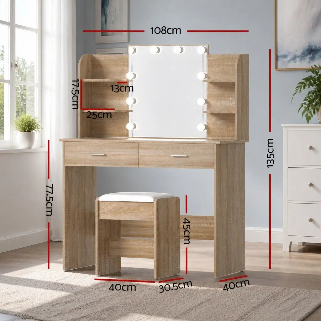 Dressing Table Set with LED Bulbs Foam Padded Stool Natural Wood 108cm W x 40cm D x 135cm H
