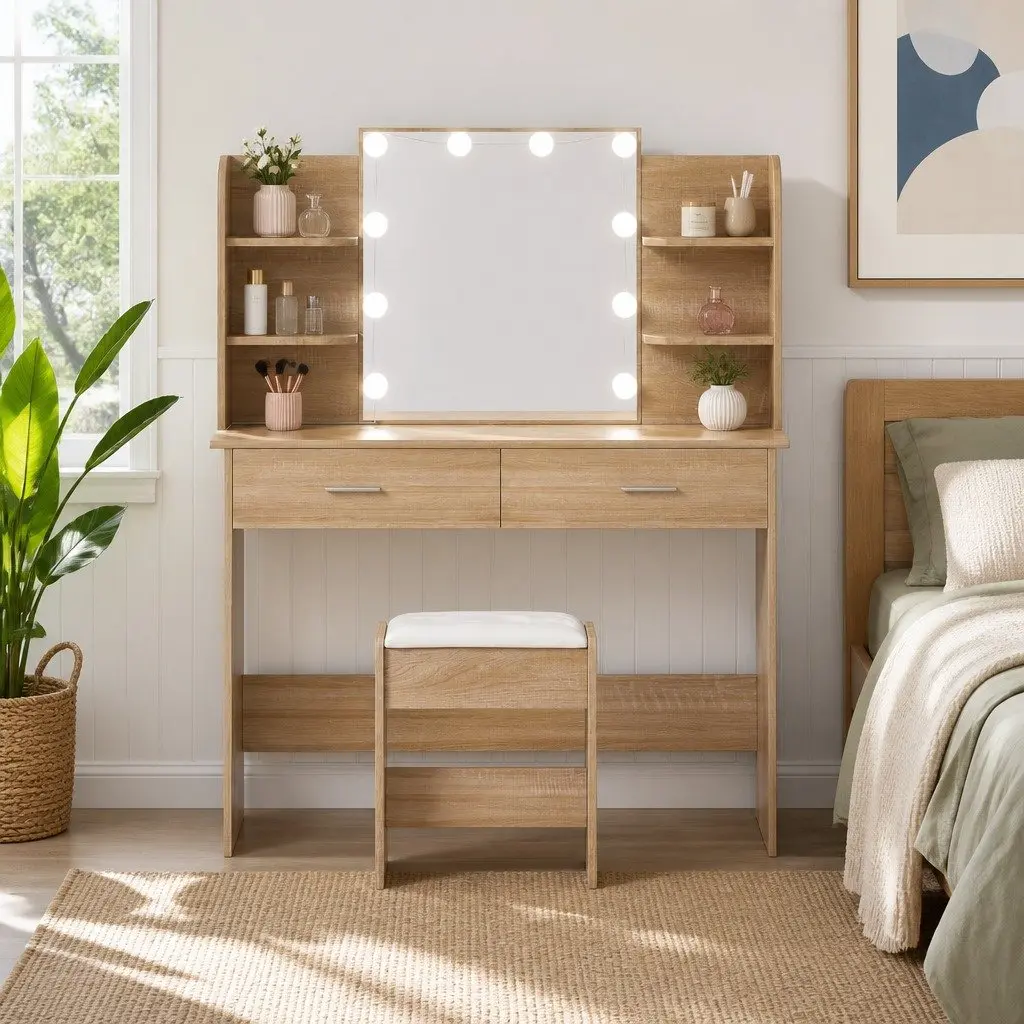 Dressing Table Set with LED Bulbs Foam Padded Stool Natural Wood 108cm W x 40cm D x 135cm H