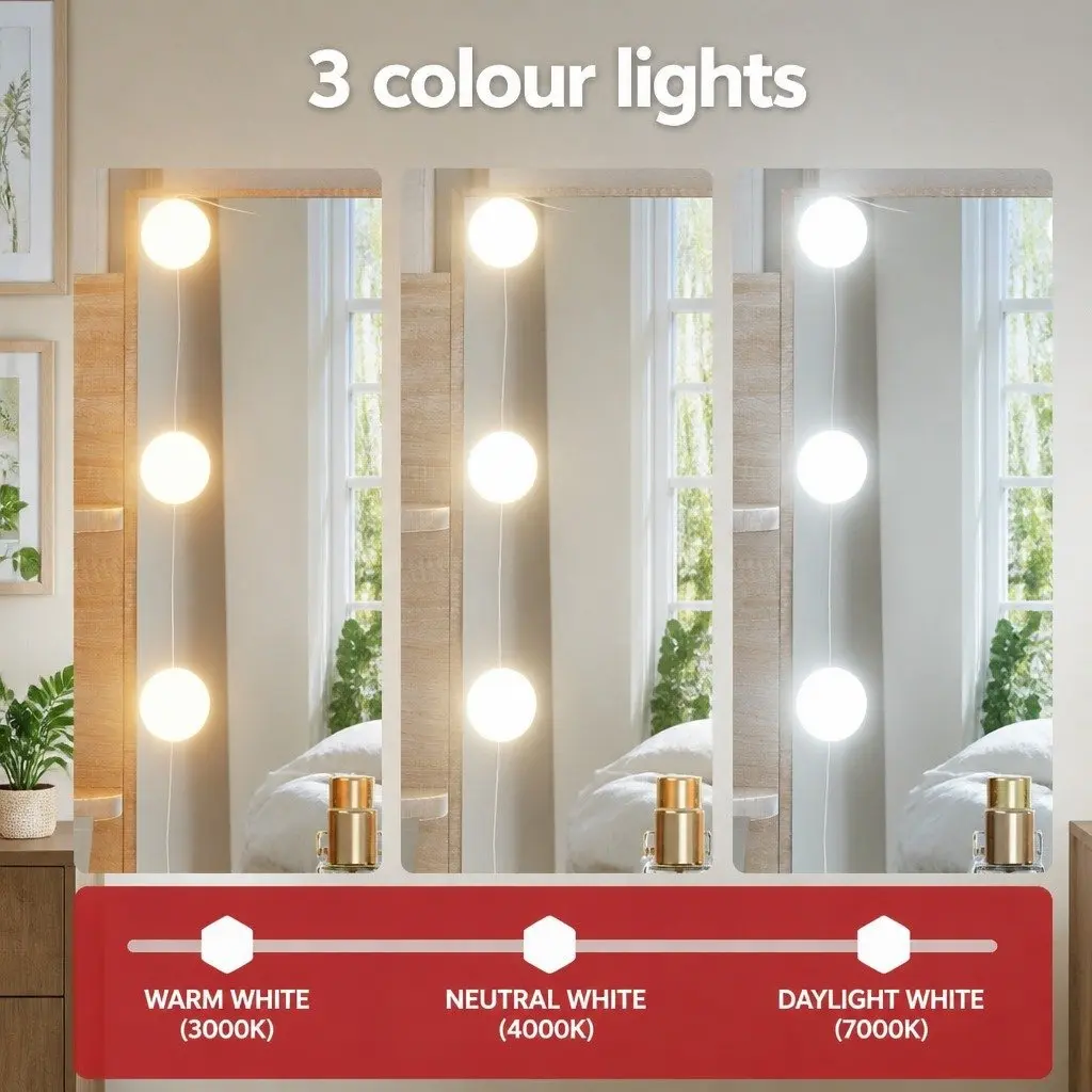 Dressing Table Set with LED Bulbs Foam Padded Stool Natural Wood 108cm W x 40cm D x 135cm H