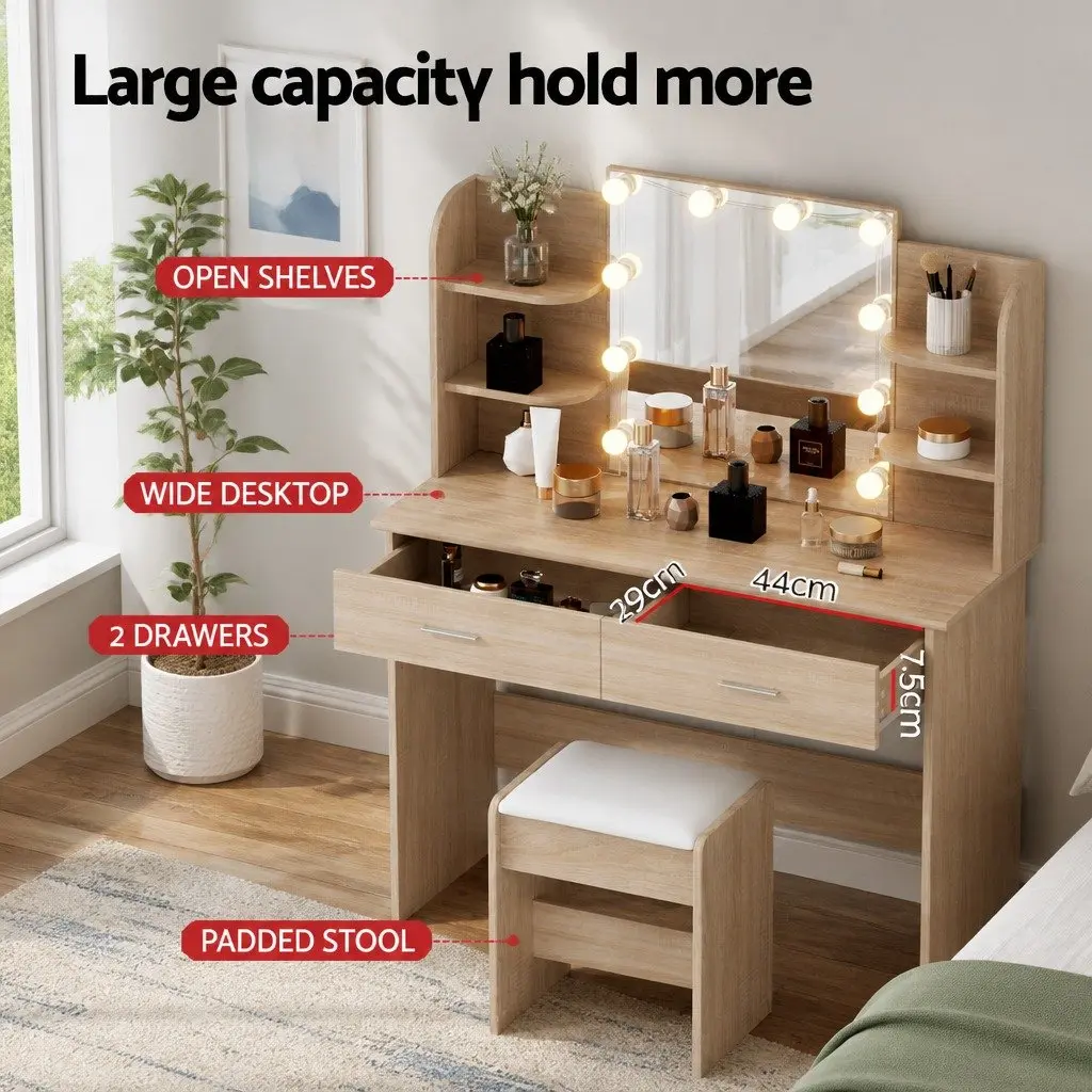 Dressing Table Set with LED Bulbs Foam Padded Stool Natural Wood 108cm W x 40cm D x 135cm H