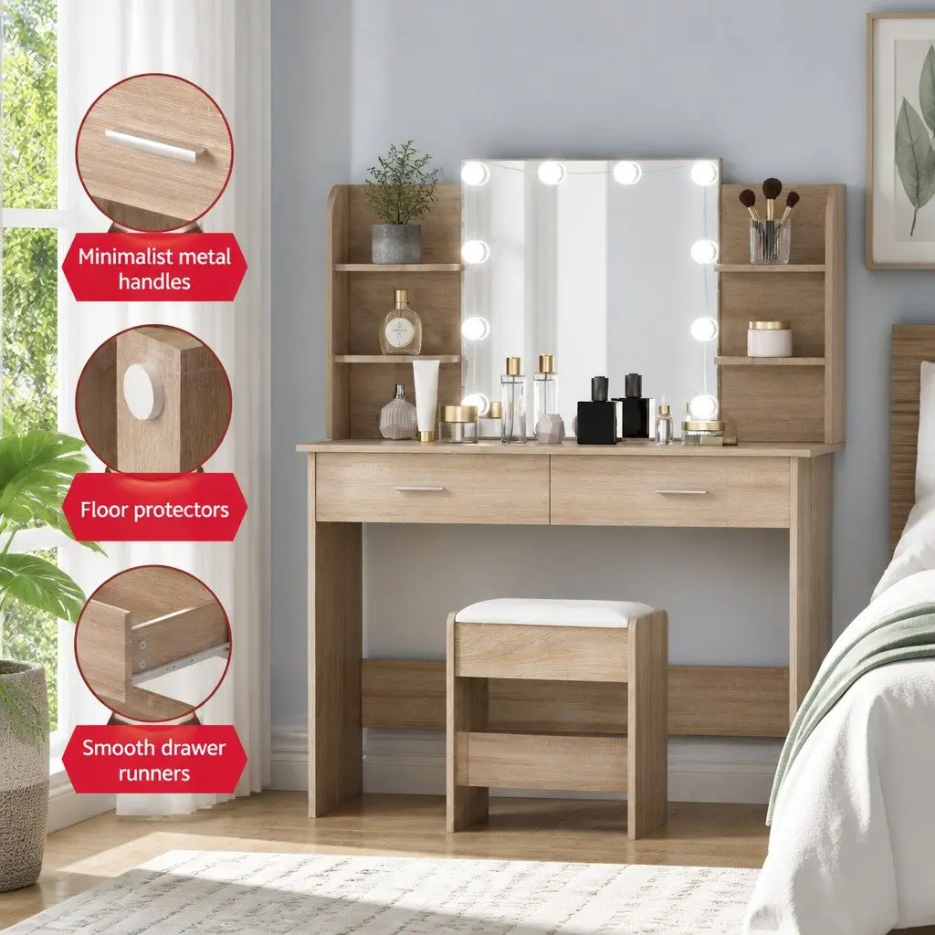 Dressing Table Set with LED Bulbs Foam Padded Stool Natural Wood 108cm W x 40cm D x 135cm H