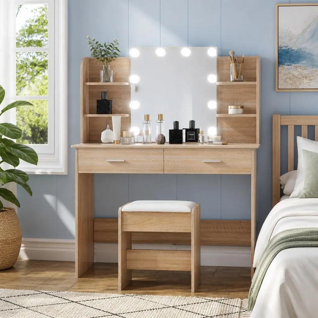 Dressing Table Set with LED Bulbs Foam Padded Stool Natural Wood 108cm W x 40cm D x 135cm H