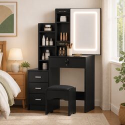 Black Dressing Table Vanity with LED Mirror and Foam Stool