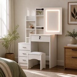 Dressing Table and Stool Set with Adjustable LED Lighting