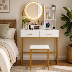 Functional Dressing Table Vanity Desk with LED Mirror