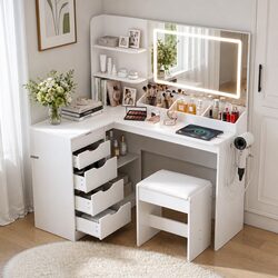 L-Shaped Corner Vanity Desk with Integrated LED Mirror