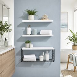 Floating Wall Shelf Trio in White with Metal Basket