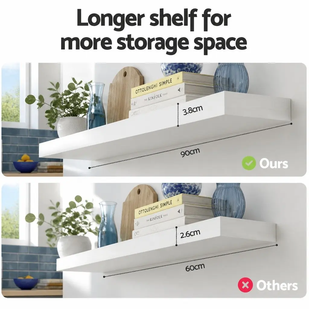 Floating Wall Shelf Set of 2 Space-Saving 90CM White Storage Display Shelves