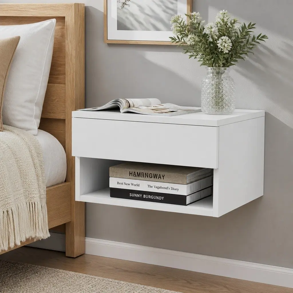 Floating Bedside Table Nightstand with Drawer Open Shelf Storage White Bedroom