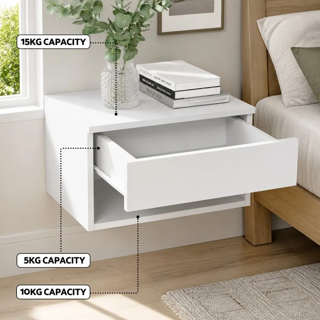 Floating Bedside Table Nightstand with Drawer Open Shelf Storage White Bedroom