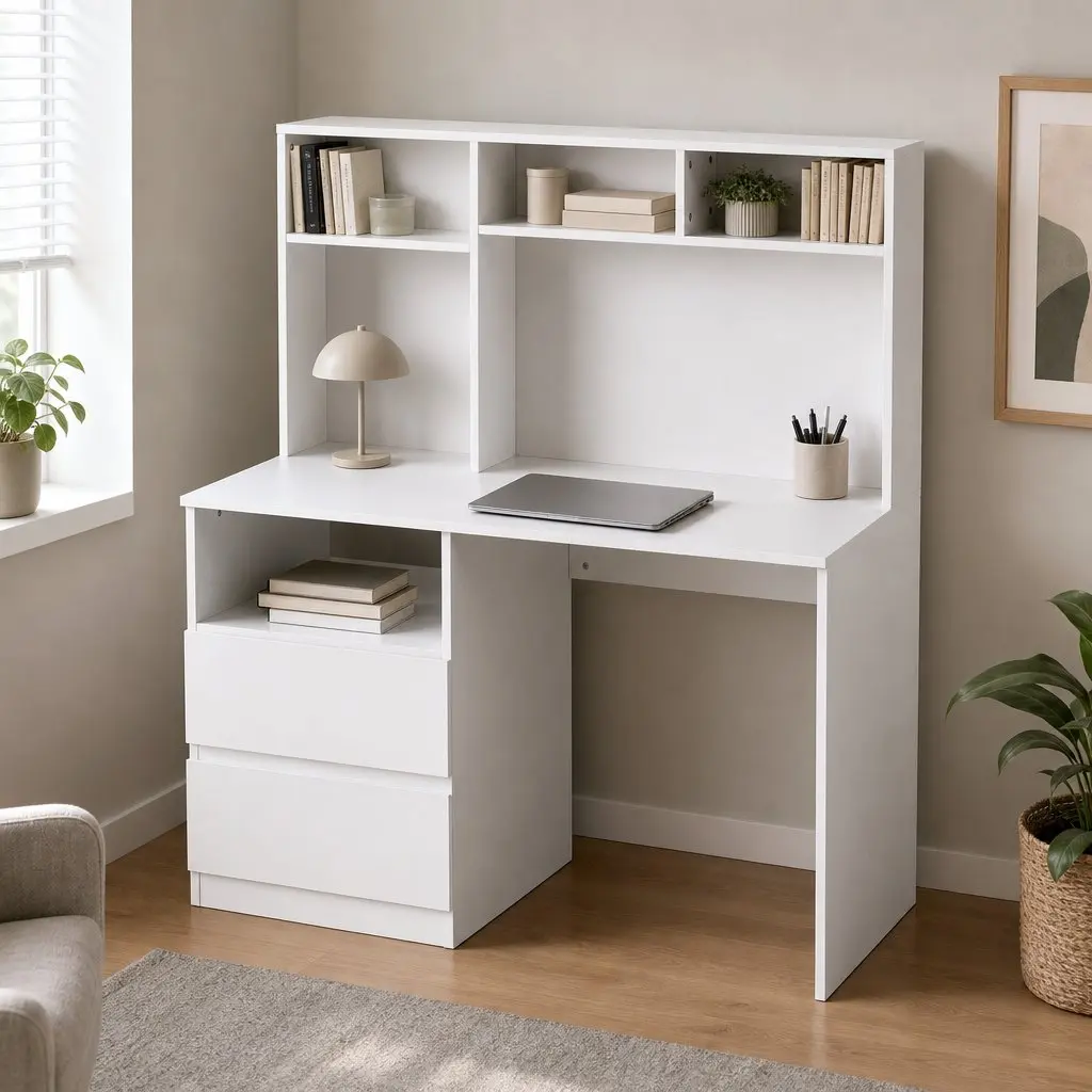Computer Desk White 120cm Storage Cabinet Wide Desktop Drawer Shelves