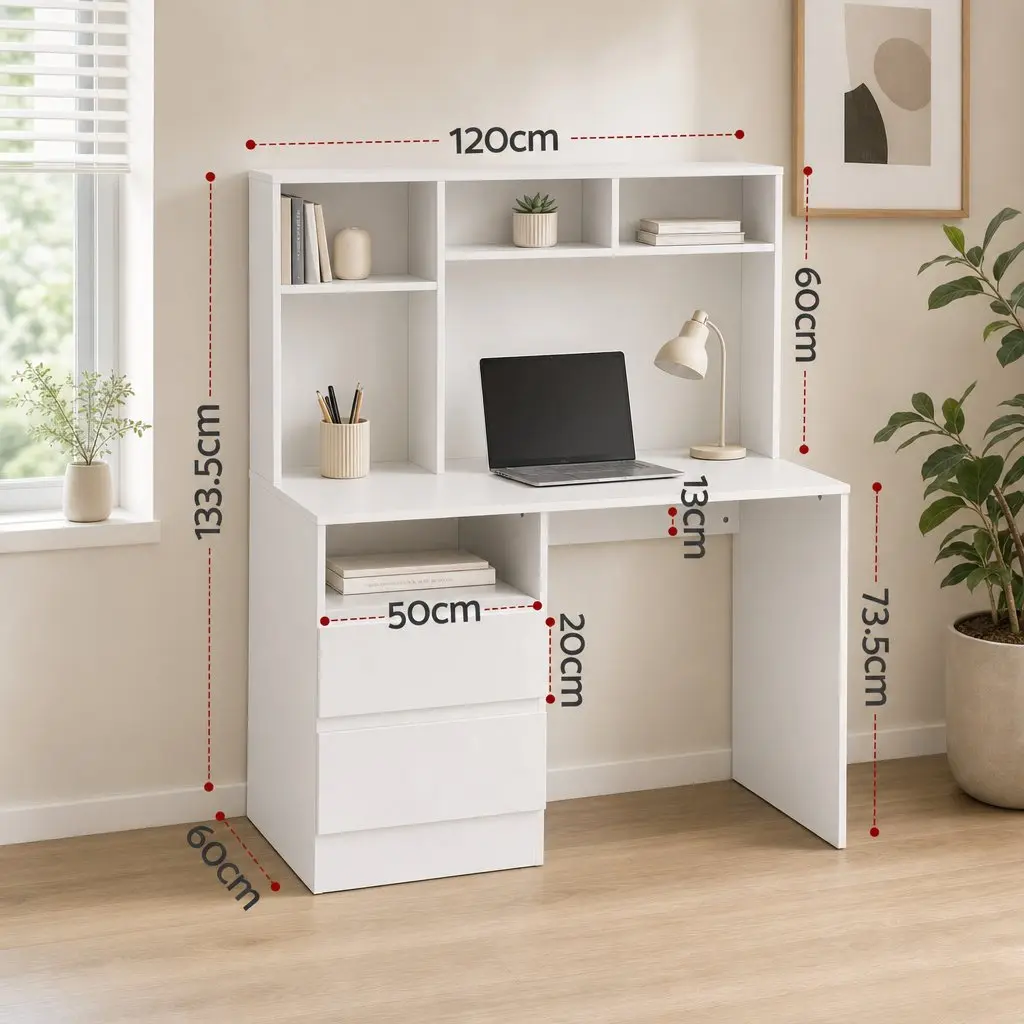 Computer Desk White 120cm Storage Cabinet Wide Desktop Drawer Shelves