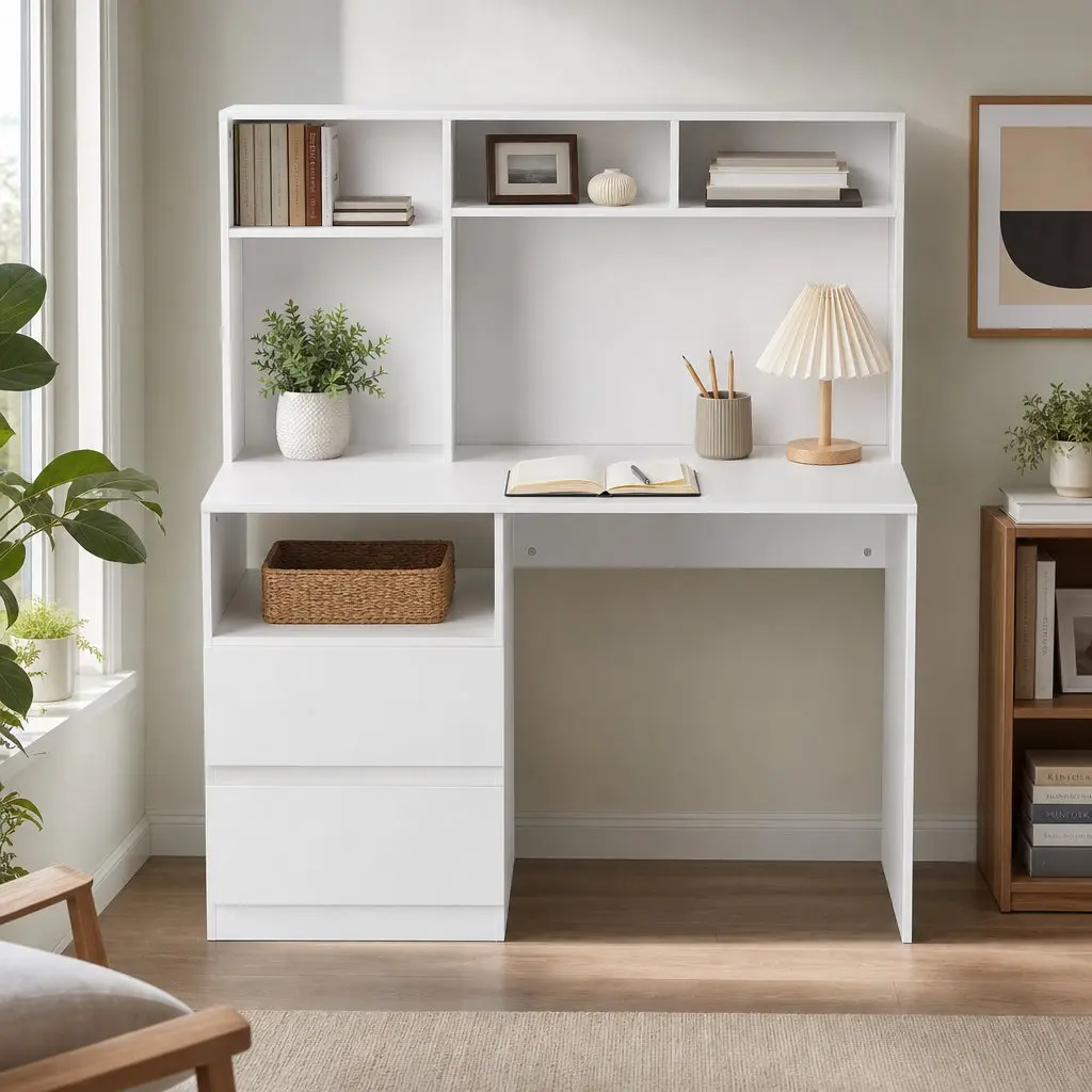 Computer Desk White 120cm Storage Cabinet Wide Desktop Drawer Shelves