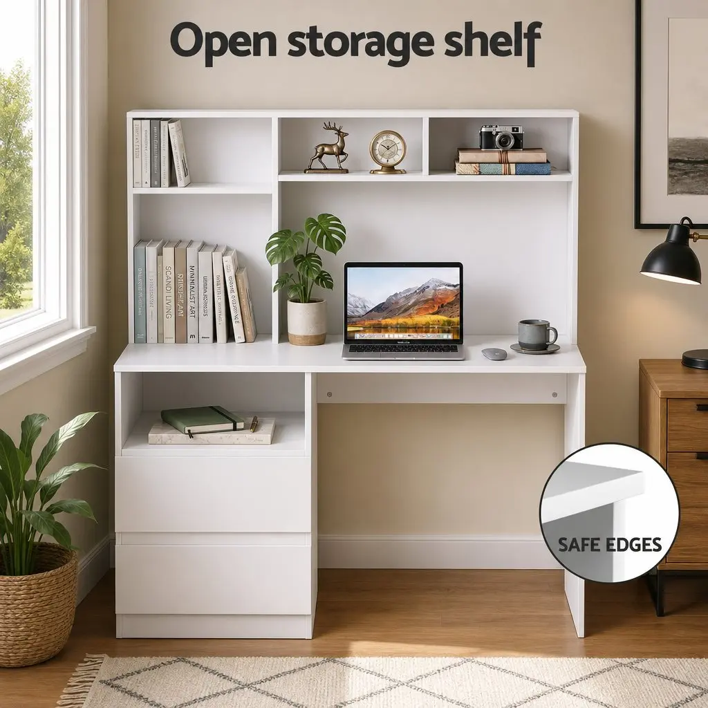 Computer Desk White 120cm Storage Cabinet Wide Desktop Drawer Shelves