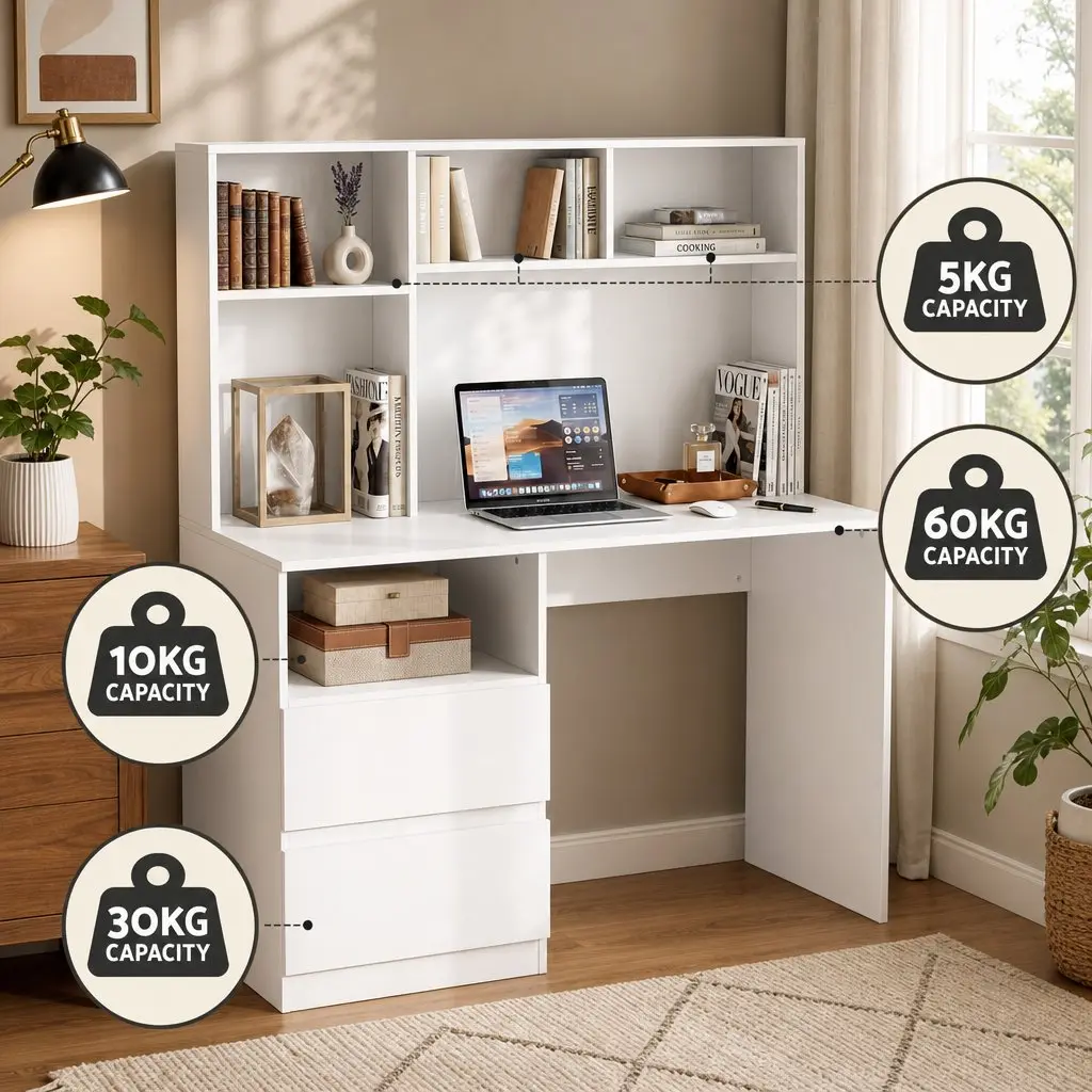 Computer Desk White 120cm Storage Cabinet Wide Desktop Drawer Shelves