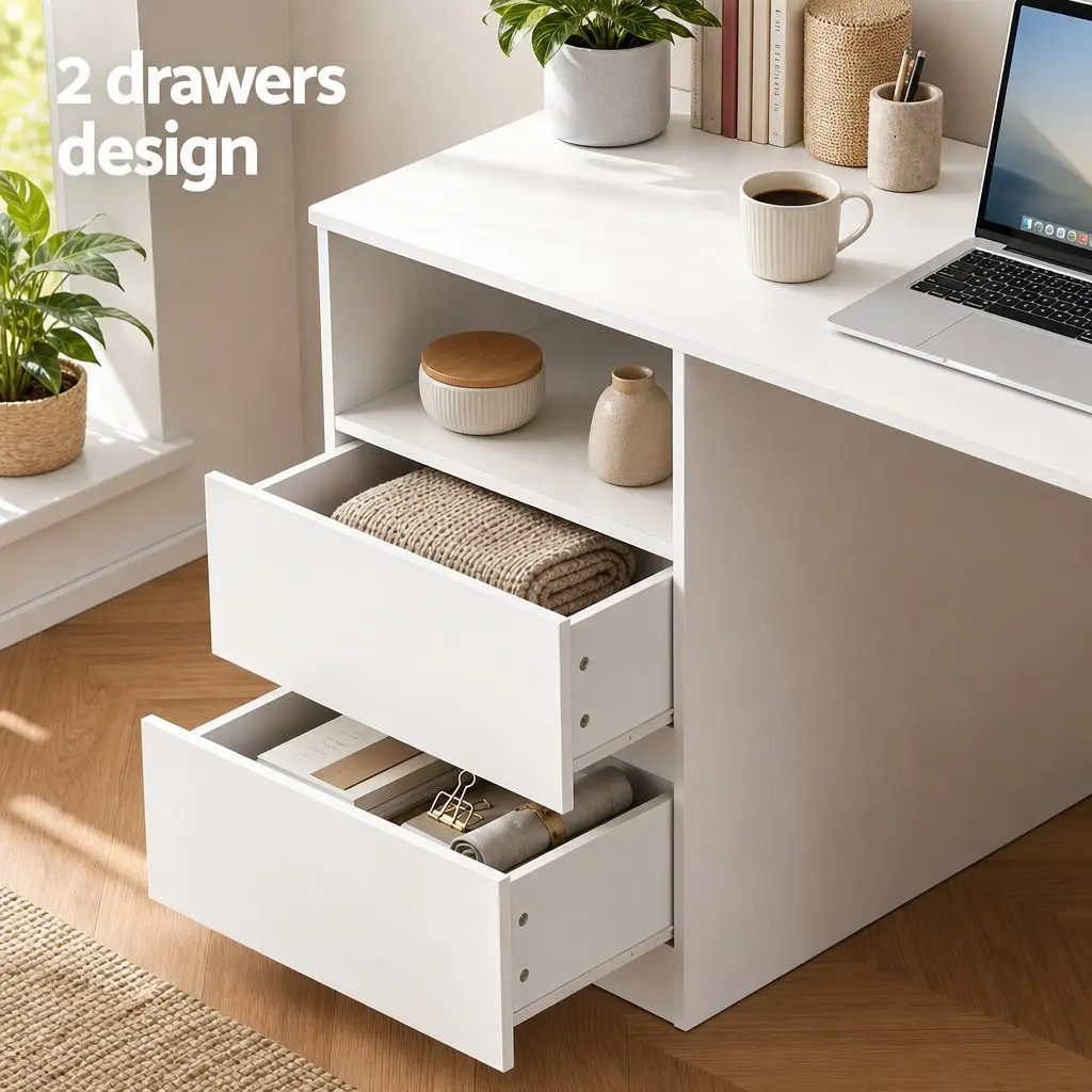 Computer Desk White 120cm Storage Cabinet Wide Desktop Drawer Shelves