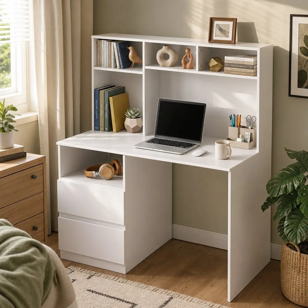 Computer Desk White 120cm Storage Cabinet Wide Desktop Drawer Shelves
