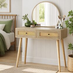 Pine Dressing Table with Round Mirror and Storage Drawers