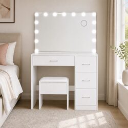 Dressing Table Set with Stool: 15 LED Bulbs, White