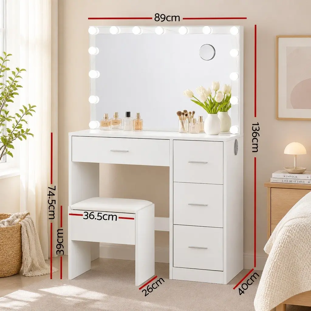 Dressing Table with LED Mirror and Stool Storage Drawers White