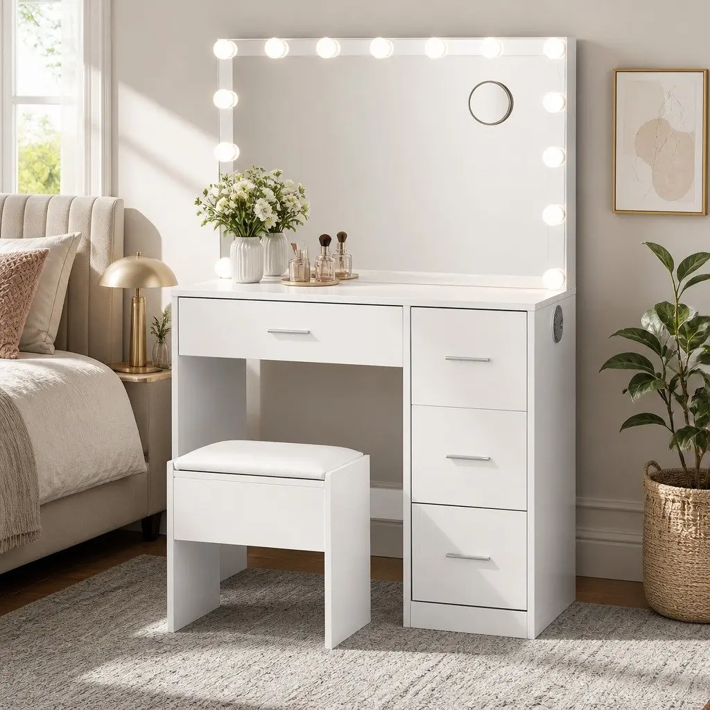 Dressing Table with LED Mirror and Stool Storage Drawers White