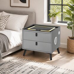 Modern Grey Bedside Table with Wireless Charging & Speaker
