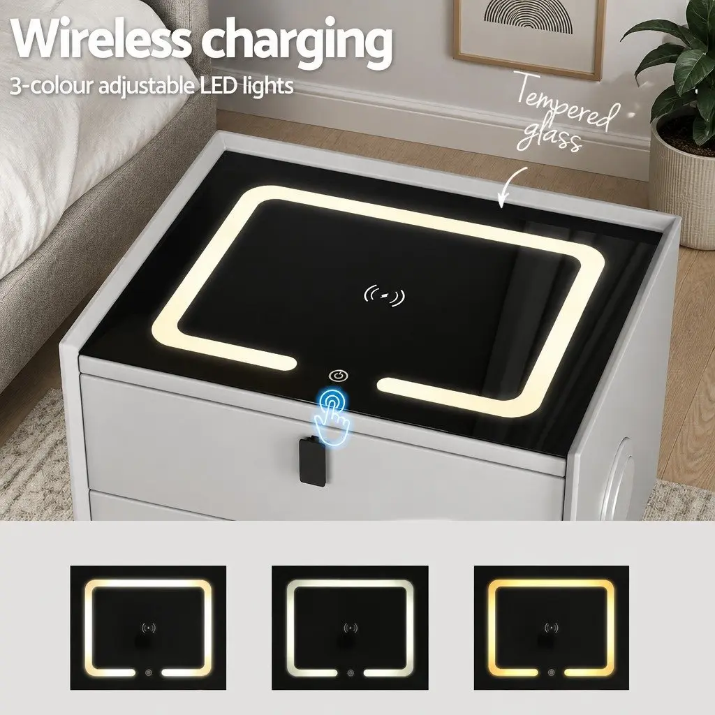 Bedside Table with Wireless Charging Bluetooth Speaker USB Ports 50cm Grey