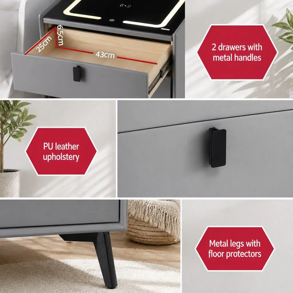 Bedside Table with Wireless Charging Bluetooth Speaker USB Ports 50cm Grey