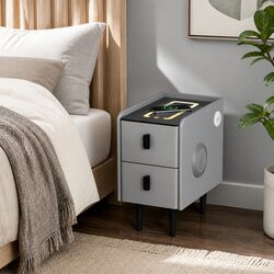 Modern Grey Bedside Table with Wireless Charging & Speaker