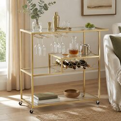Bar Cart with Tempered Glass and Gold Metal Frame