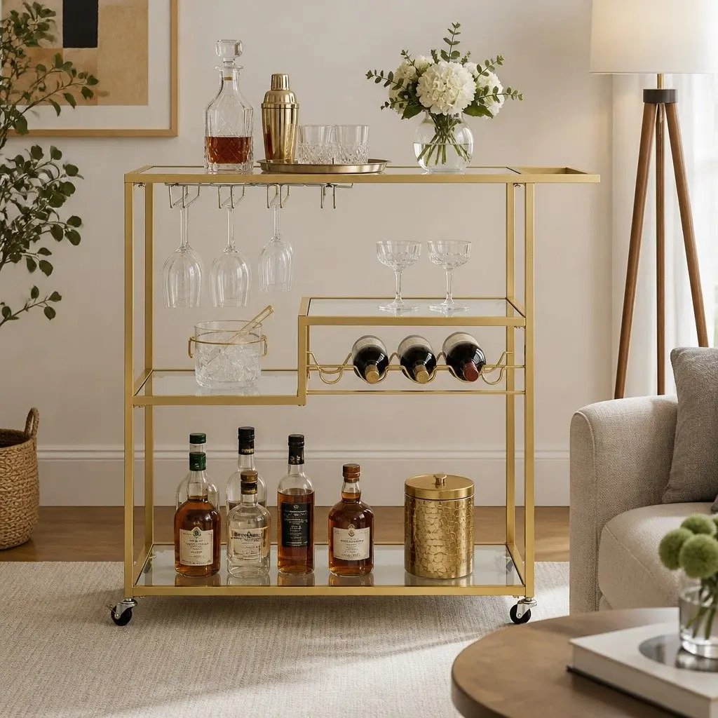 Bar Cart Drink Trolley Serving Wine Rack Glass Holder 102cm Gold Metal Frame