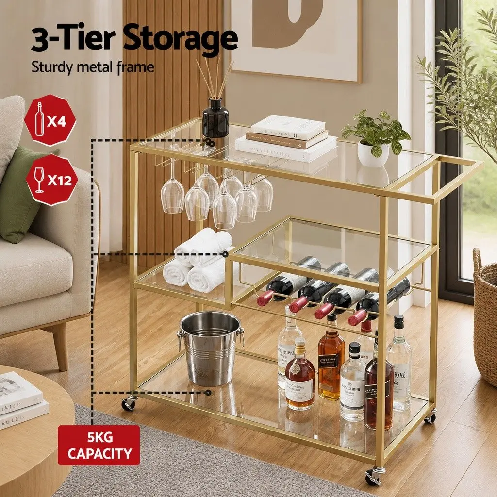 Bar Cart Drink Trolley Serving Wine Rack Glass Holder 102cm Gold Metal Frame