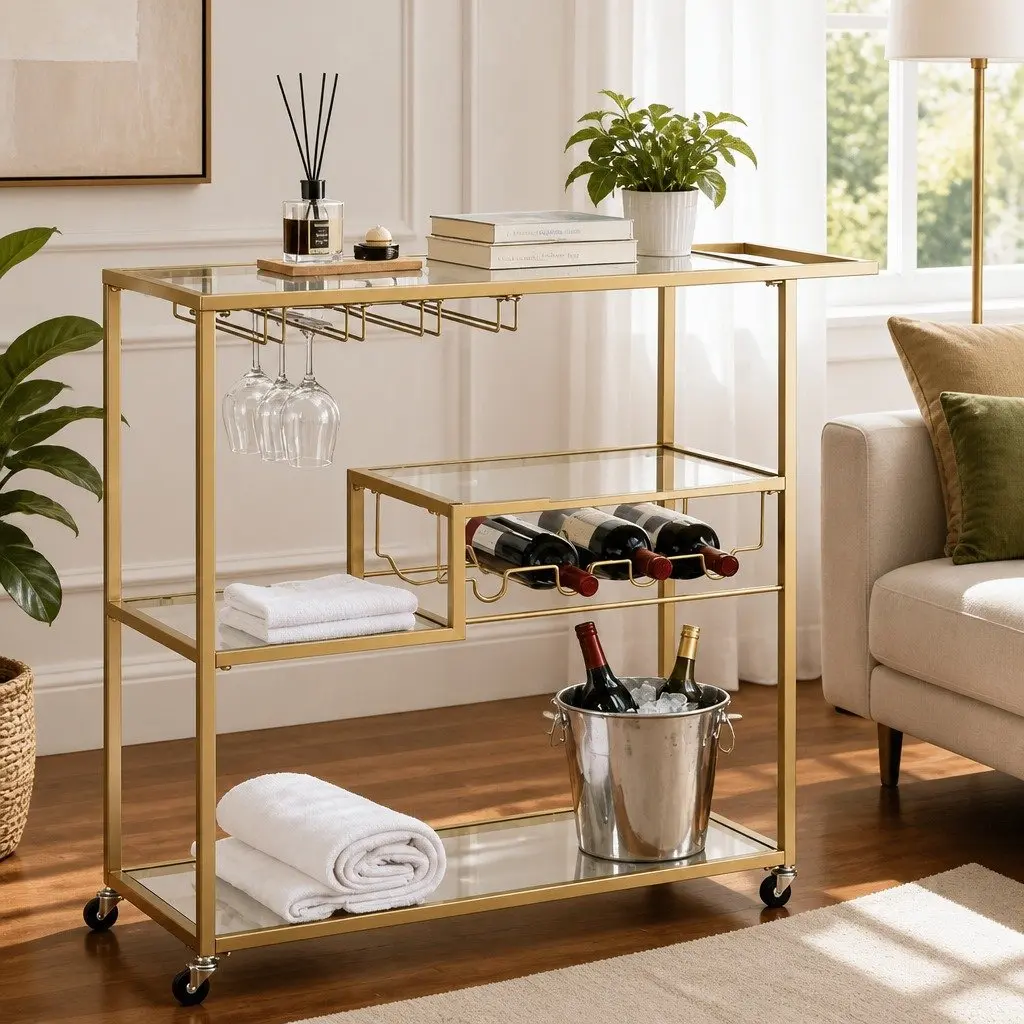 Bar Cart Drink Trolley Serving Wine Rack Glass Holder 102cm Gold Metal Frame