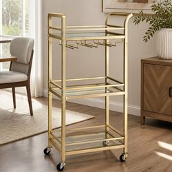 Rolling Kitchen Island Cart in Gold with Tempered Glass