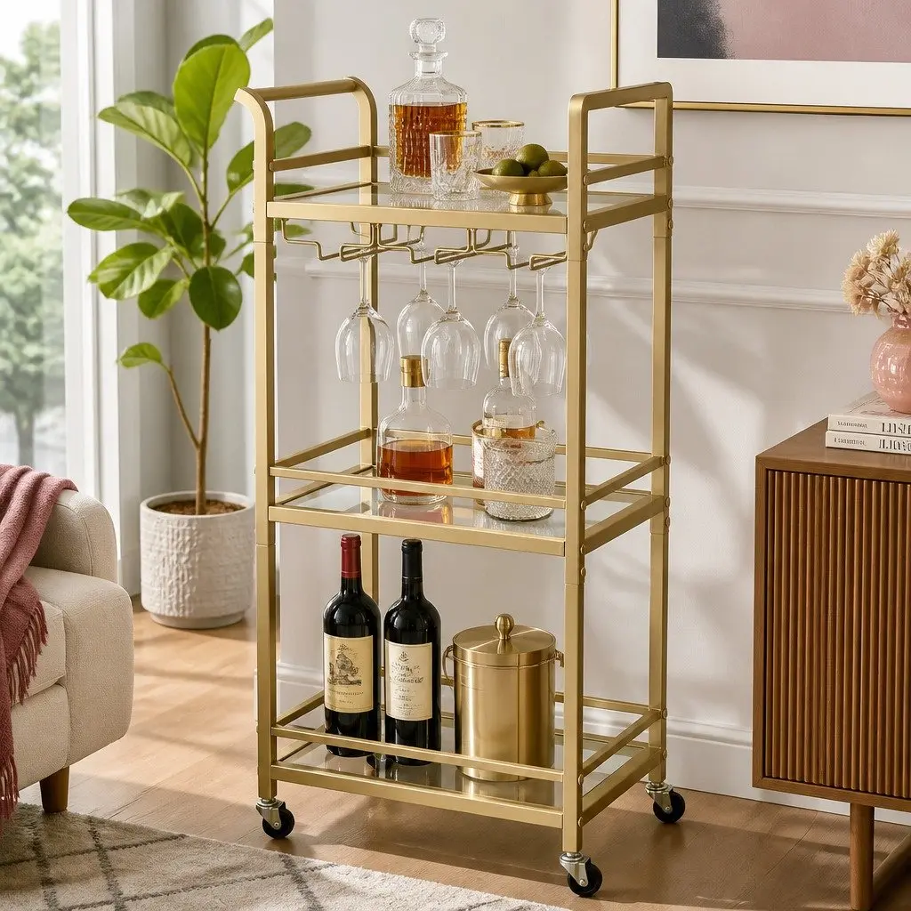Kitchen Island Cart Trolley Mobile Serving Storage 43cm Gold 3-Tier Glass