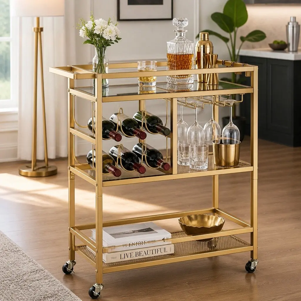 Bar Cart Drinks Trolley Serving Wine Rack Glass Holder 3 Hooks 72cm Gold