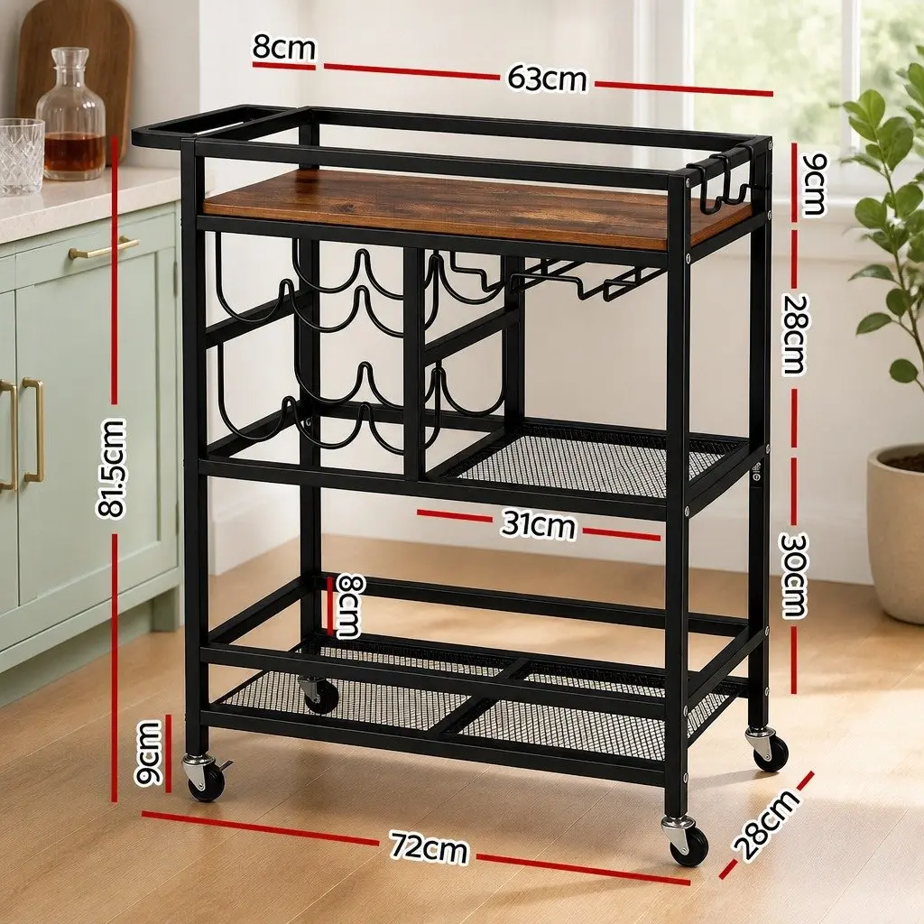 Bar Cart Mobile Kitchen Island Serving Trolley Black 72cm x 28cm x 81.5cm