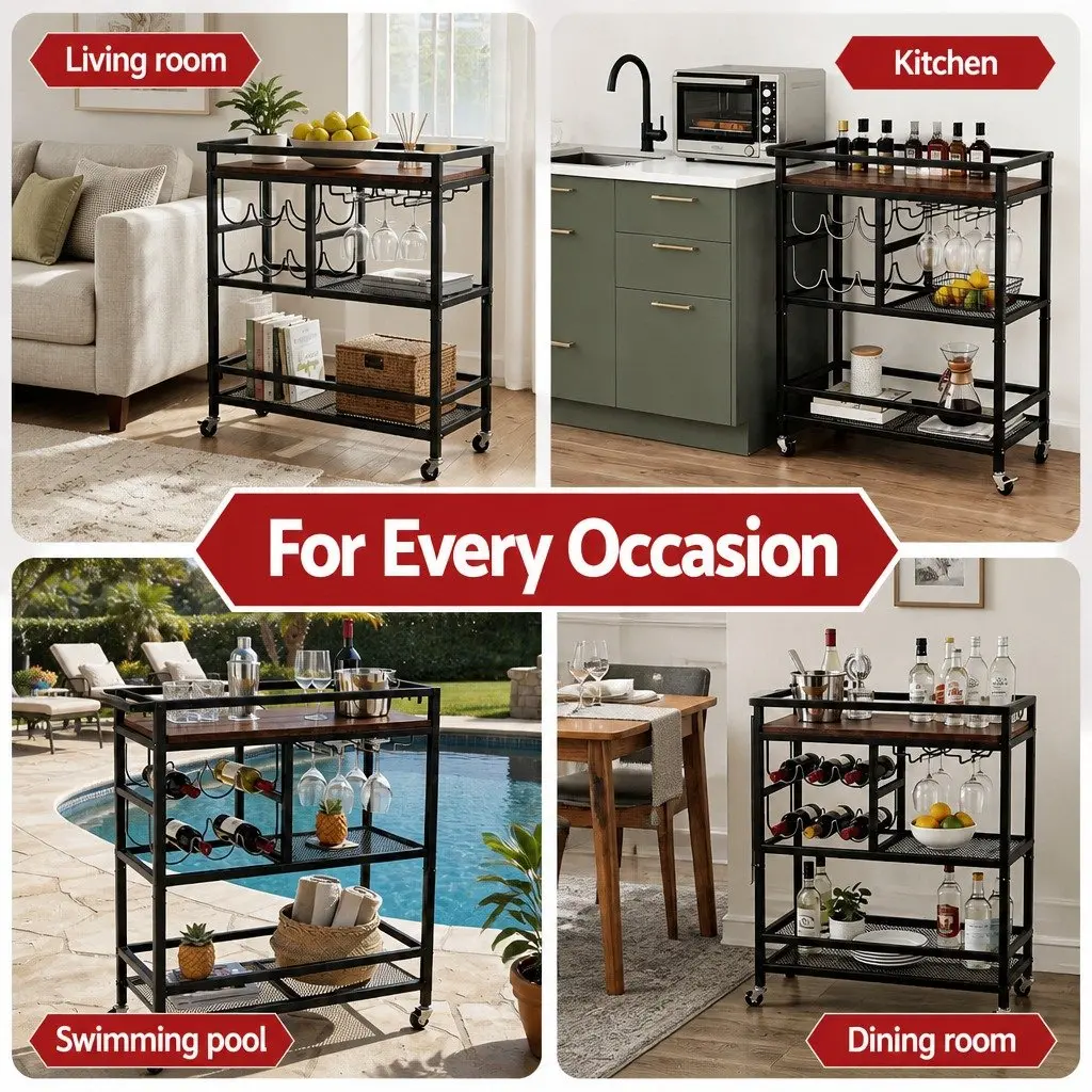 Bar Cart Mobile Kitchen Island Serving Trolley Black 72cm x 28cm x 81.5cm